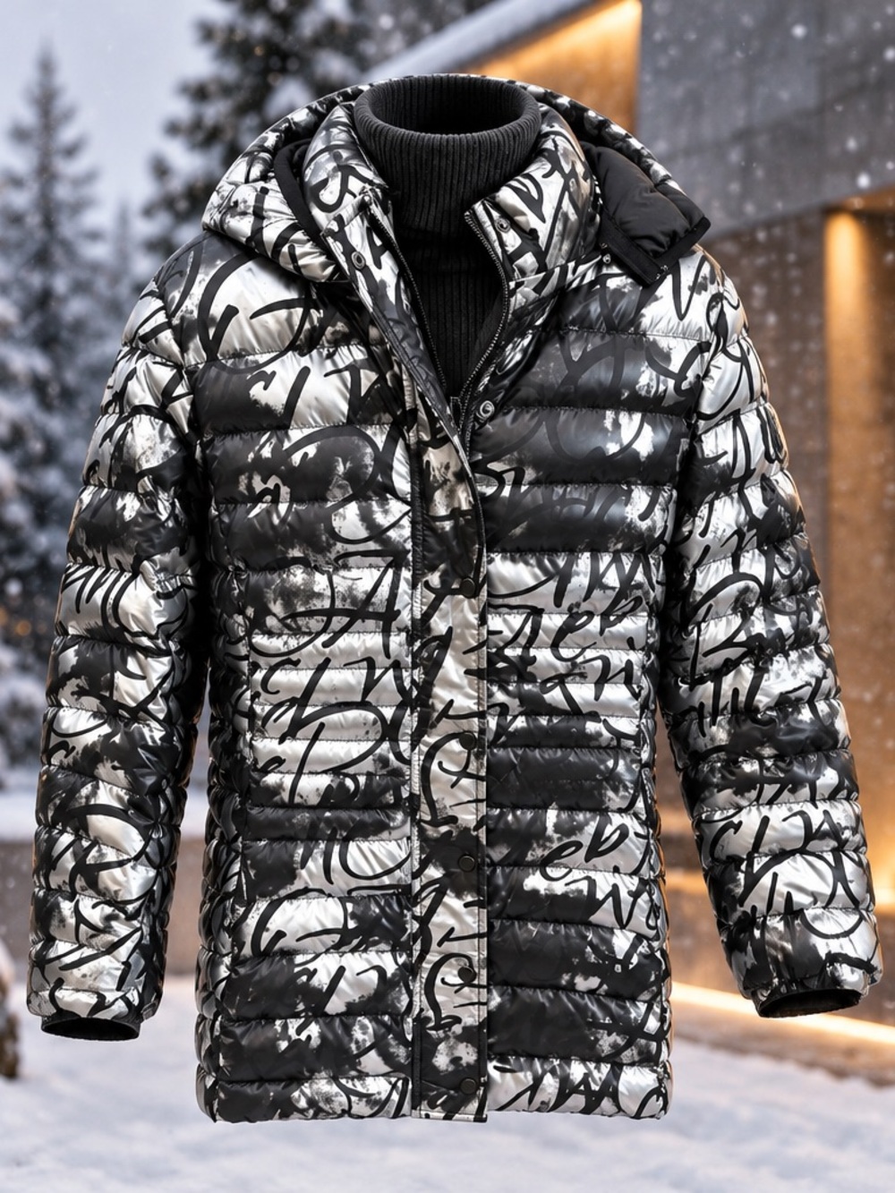 Black & White Graffiti Print Women's Puffer Coat